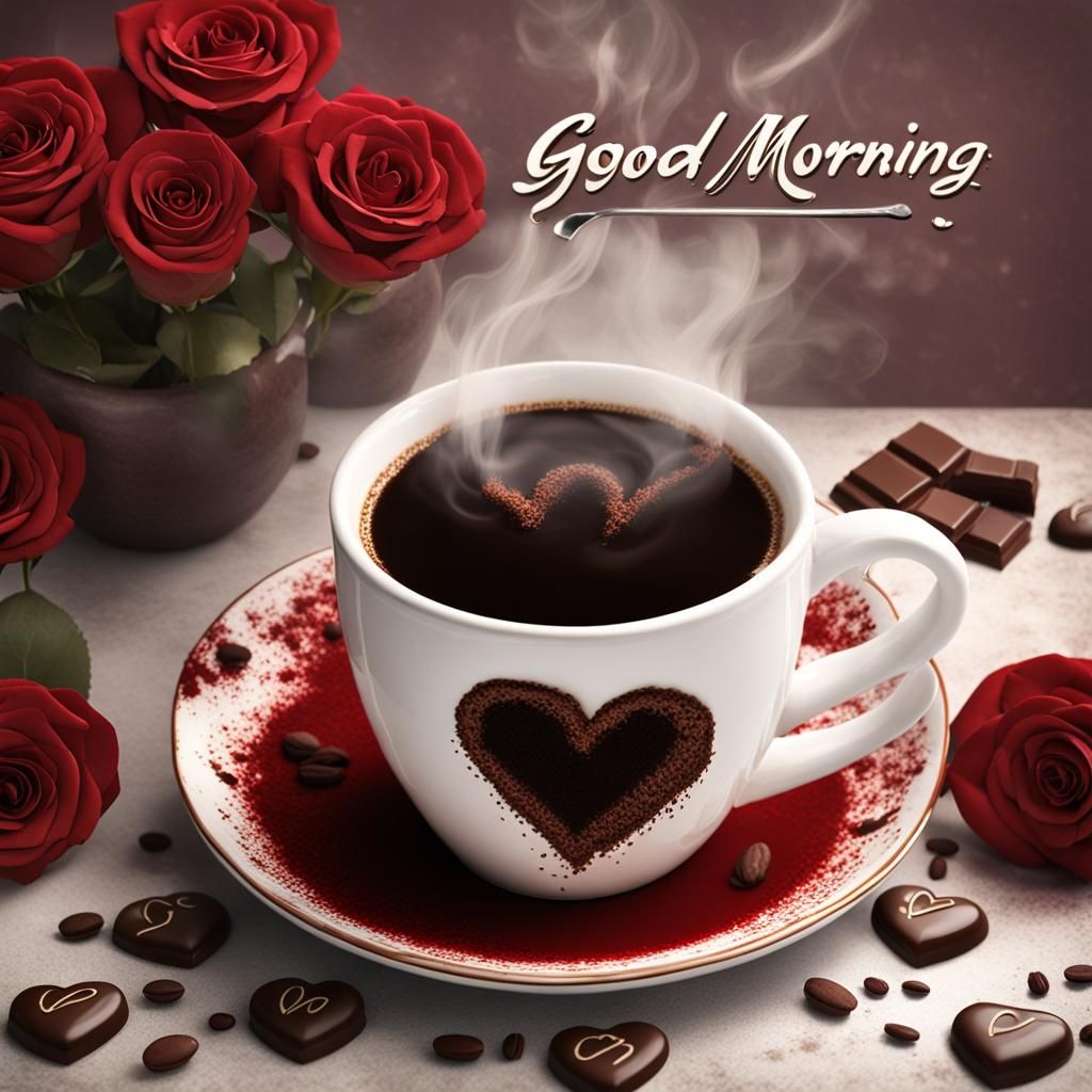 Heart Coffee with Cake and Roses: Fantasy Art