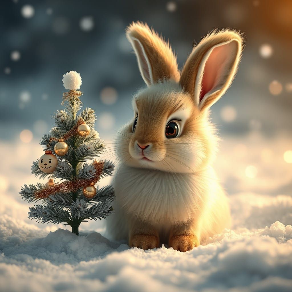 Whimsical Winter Wonderland with Fluffy Bunny