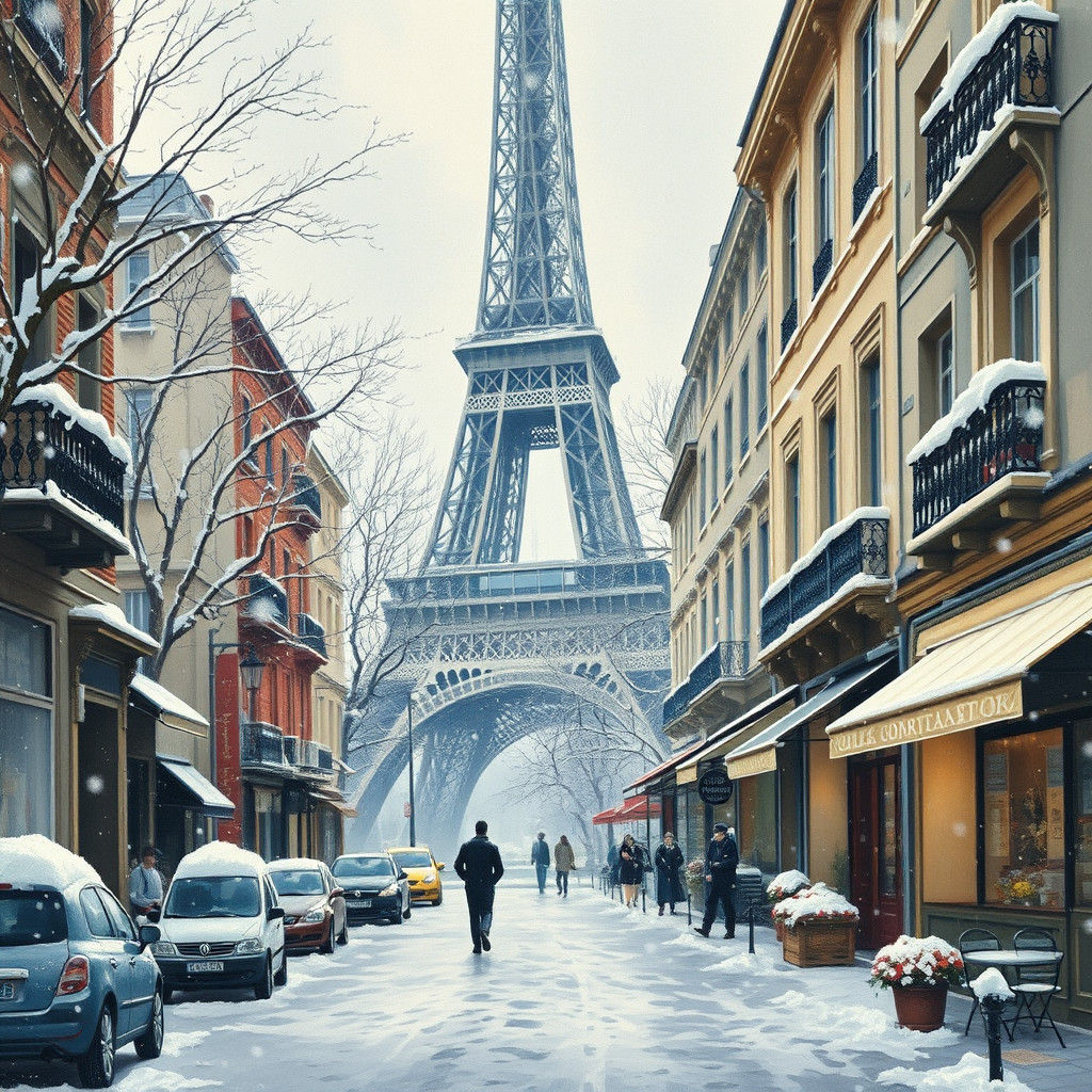 Paris in Winter Snow as Impressionist Painting