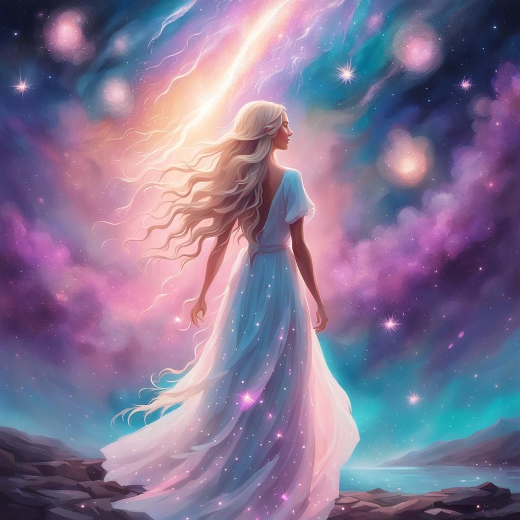 Ethereal Woman Watches Meteor Shower in Pastel Colors