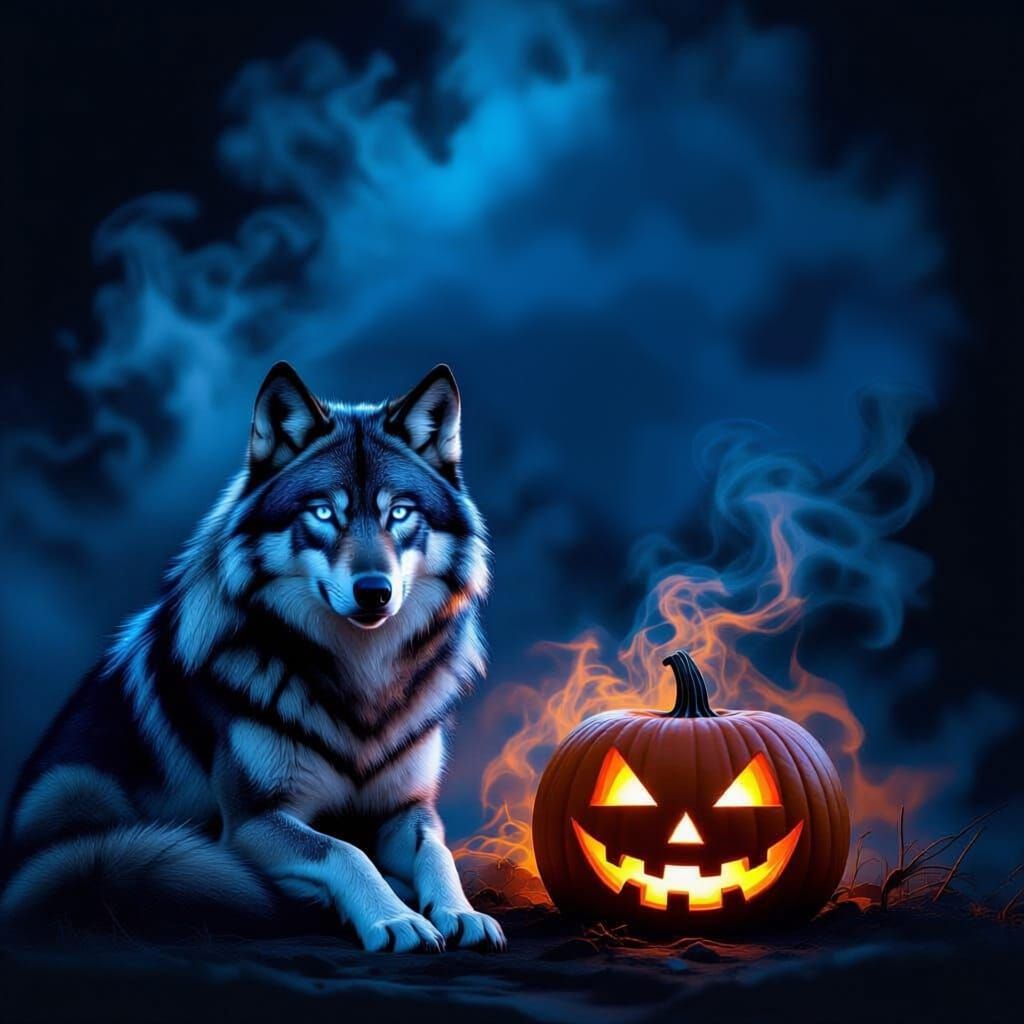 Ethereal Grey Wolf Silhouette with Cobalt Eyes