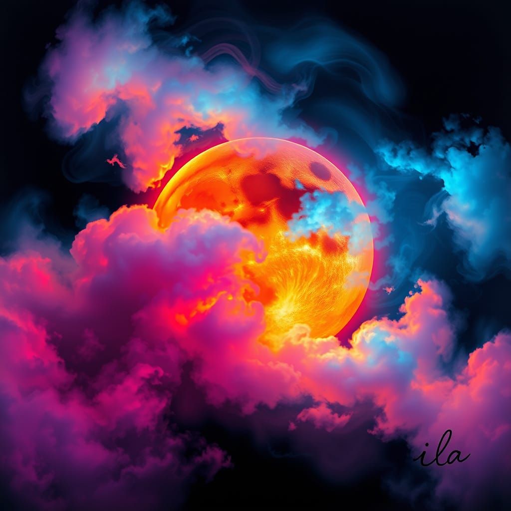 Surrealistic Lunar Eclipse in Vibrant Colors with Iridescent...