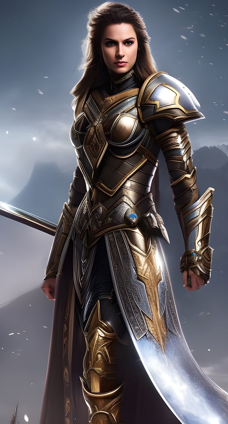 Young Woman Paladin in Ornate Armour with Sword