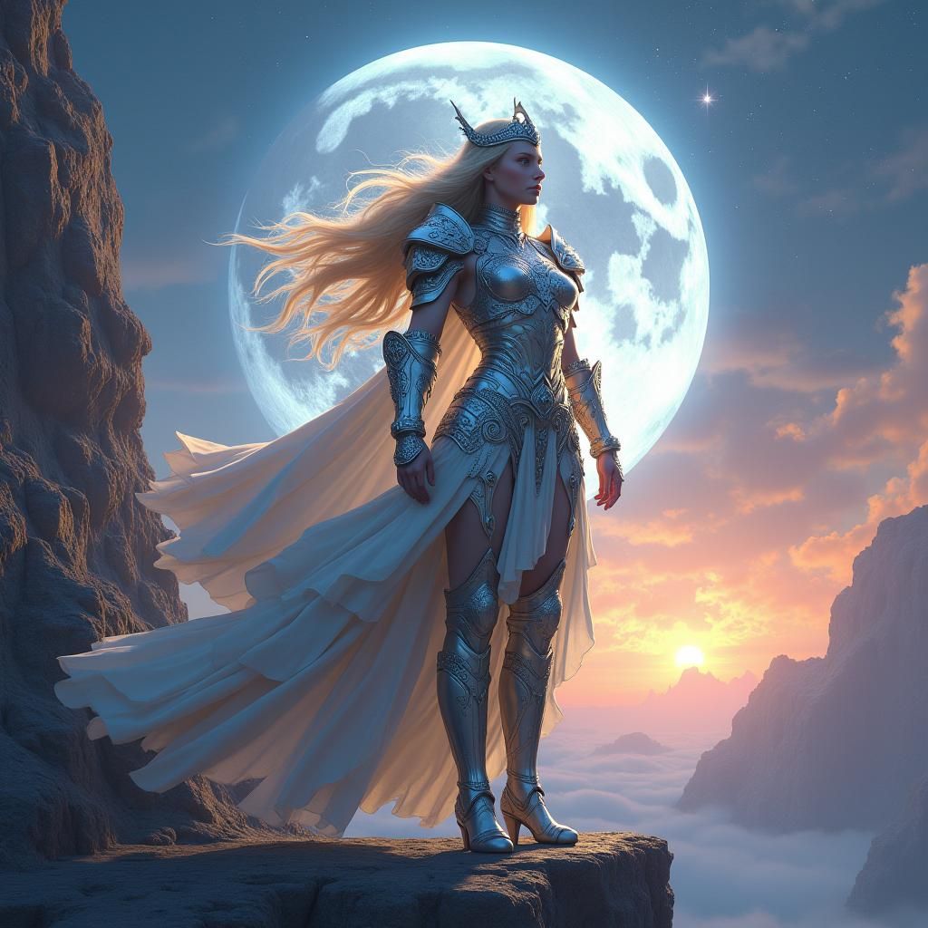 Moon Goddess Warrior in Gleaming Silver Armor