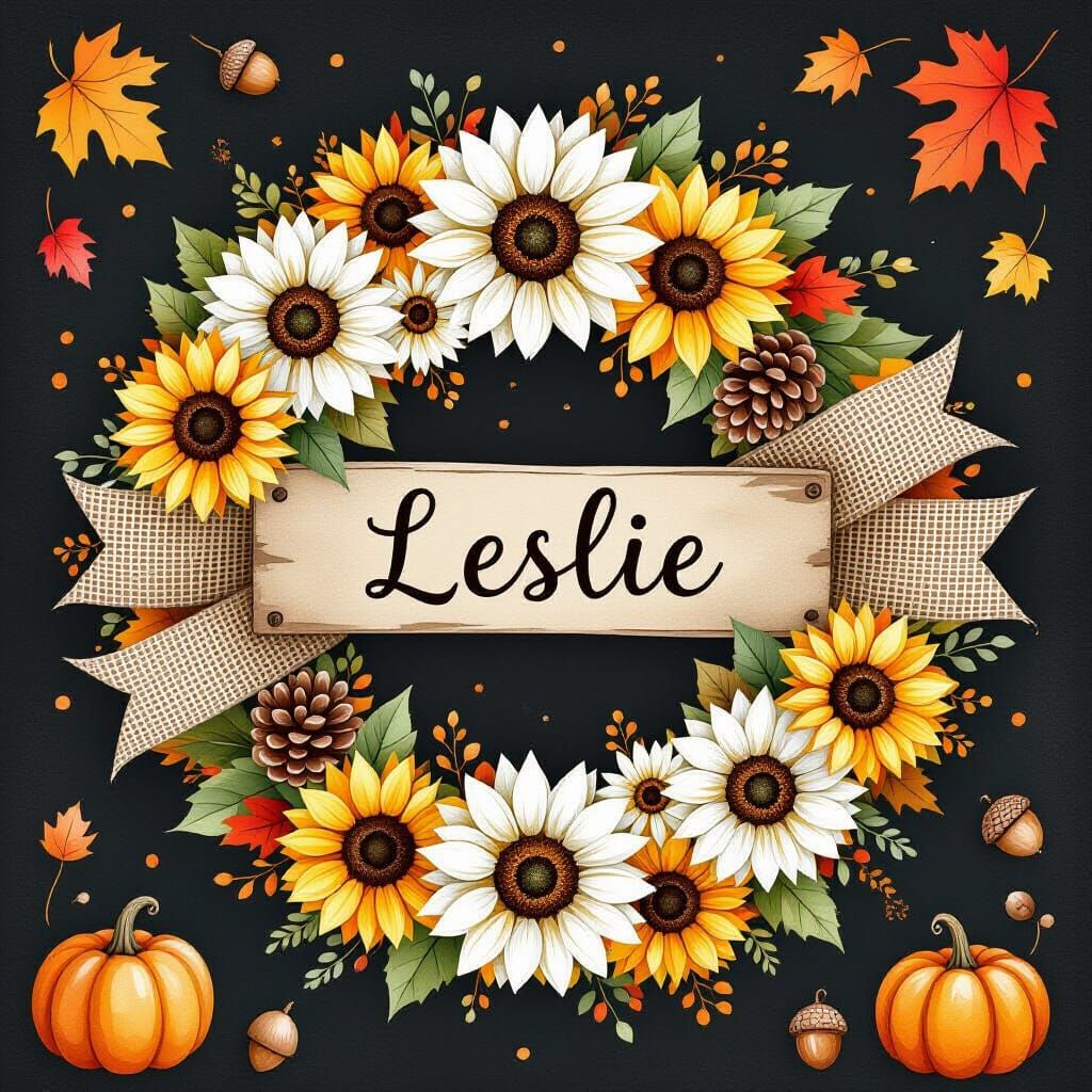 Floral Wreath with "LESLIE" Banner in Autumn Hues