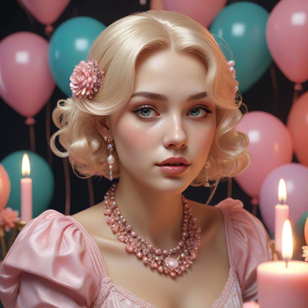 Sad Birthday Girl Portrait in Art Deco Style