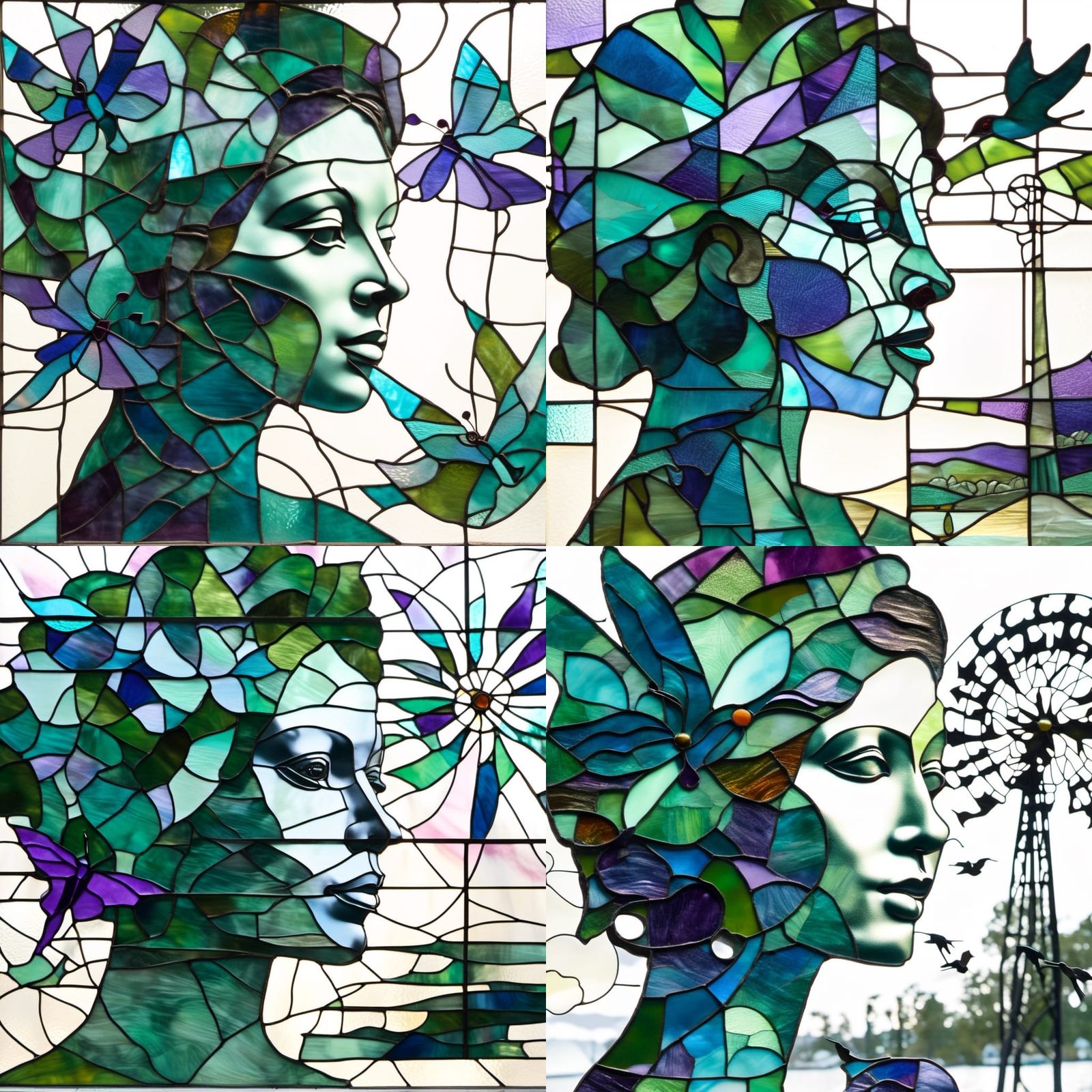 Stained Glass Portrait with Hummingbird and Windmills