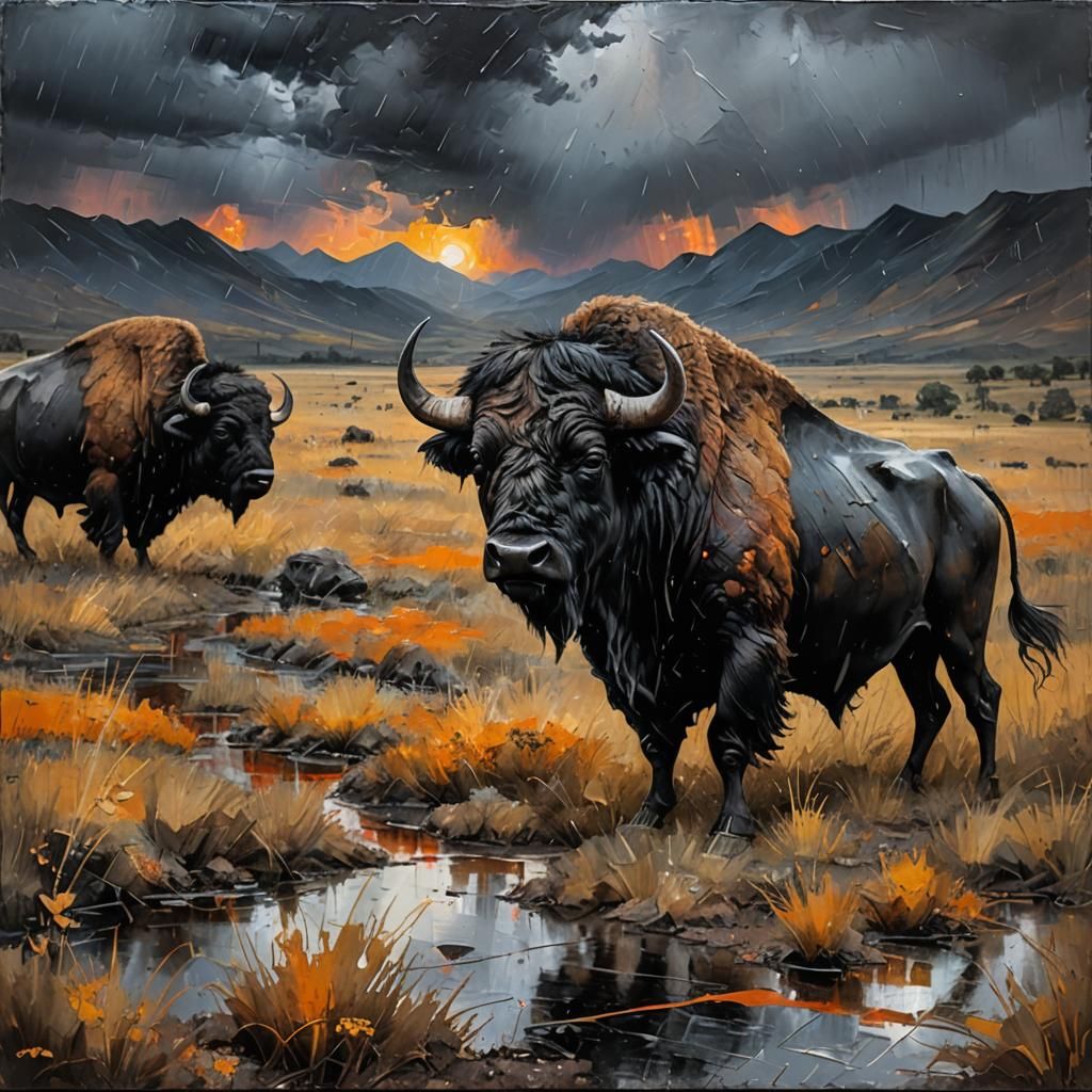 Black Buffalo in Rainy Encaustic Impasto Painting
