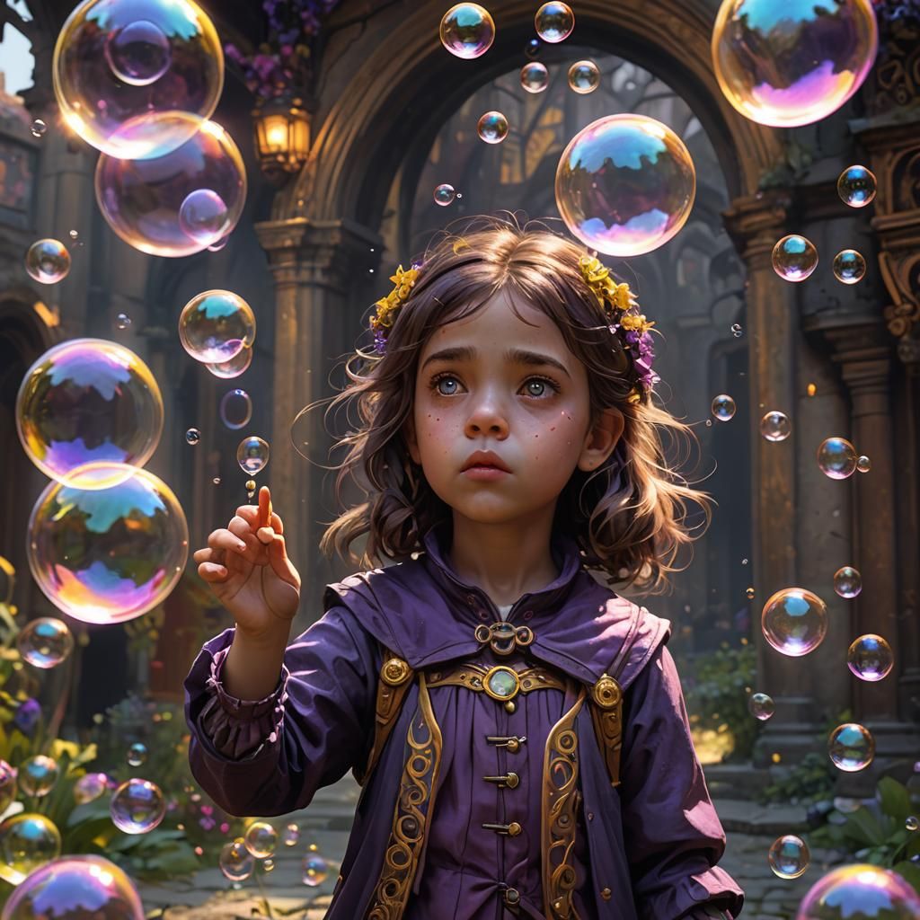 Enchanted Girl Blowing Bubbles in Dark Fantasy Style