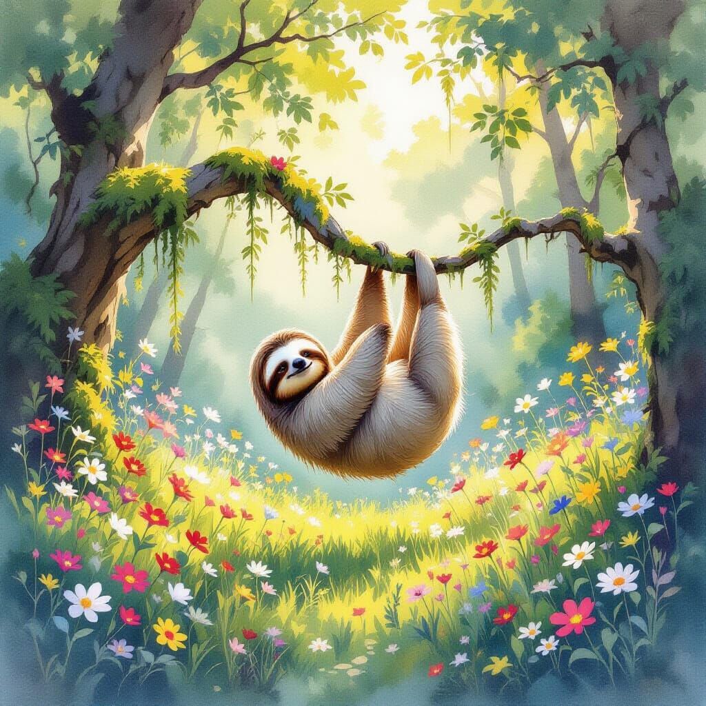 Dreamy Watercolor Forest Glade with Sloth