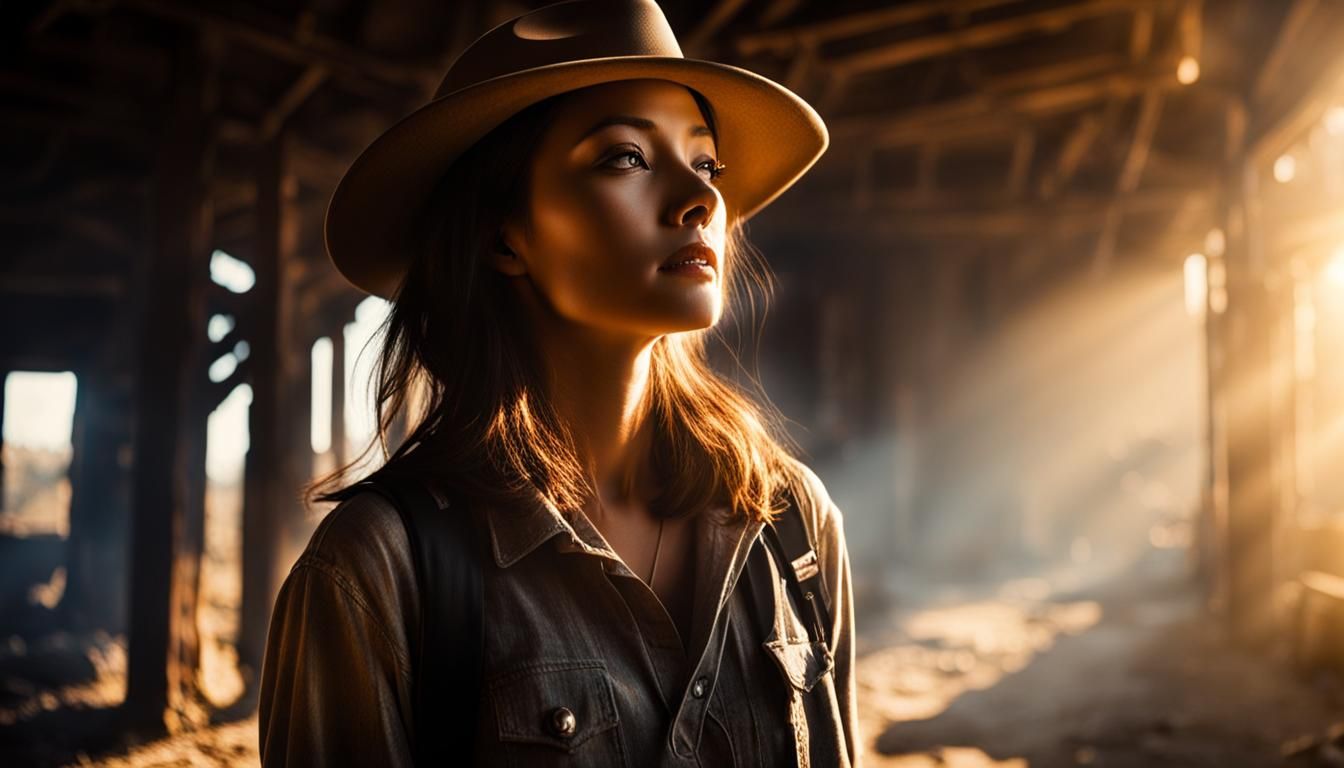 Fantasy Woman in Abandoned Town with Blazing Light