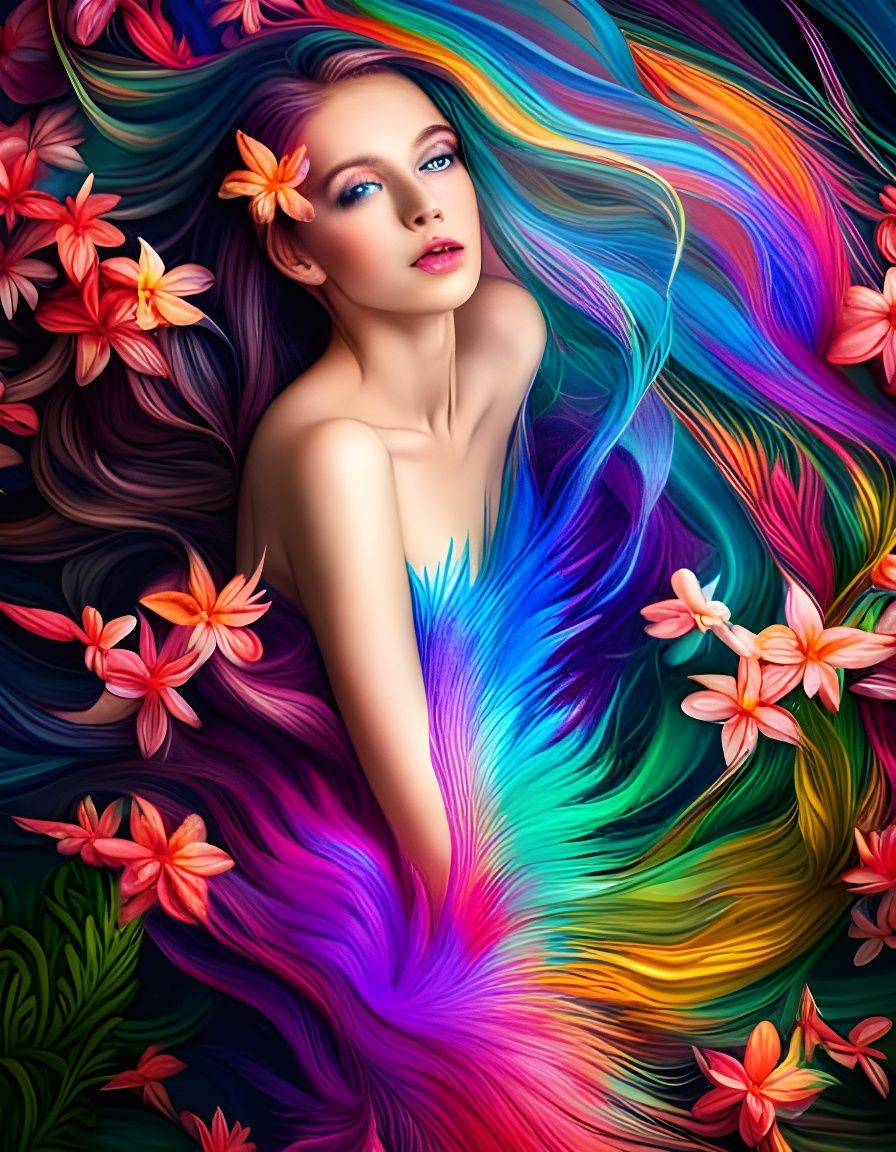 Happy Mermaid with Confetti, Glitter and Tropical Flowers