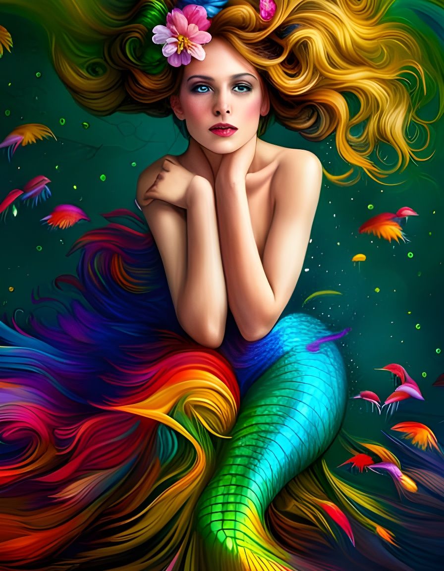 Adorable Mermaid in Iridescent Tiffany Style Forest