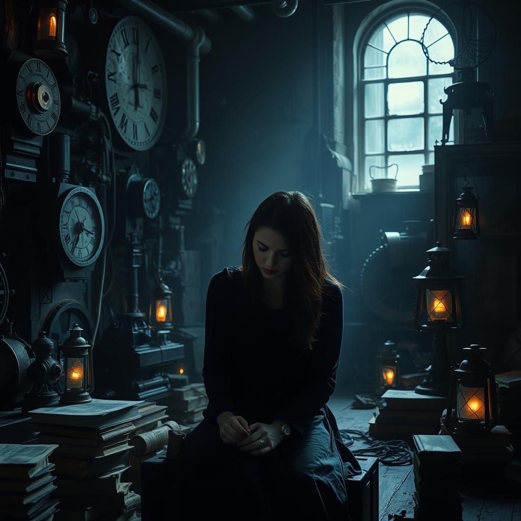 Introspective Woman in Industrial-Chic Room, Dark Surrealism