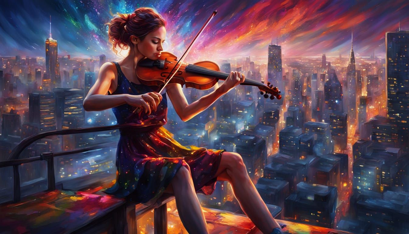 Woman Plays Violin on Skyscraper Roof in Splash Art