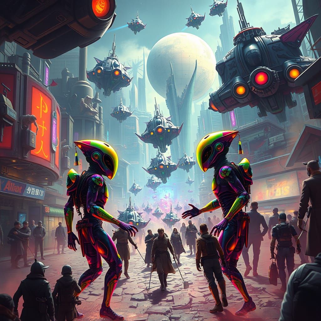 A captivating 3D surreal painting by Chris Dyer, showcasing an alien invasion with vibrant colors and whimsical elements...