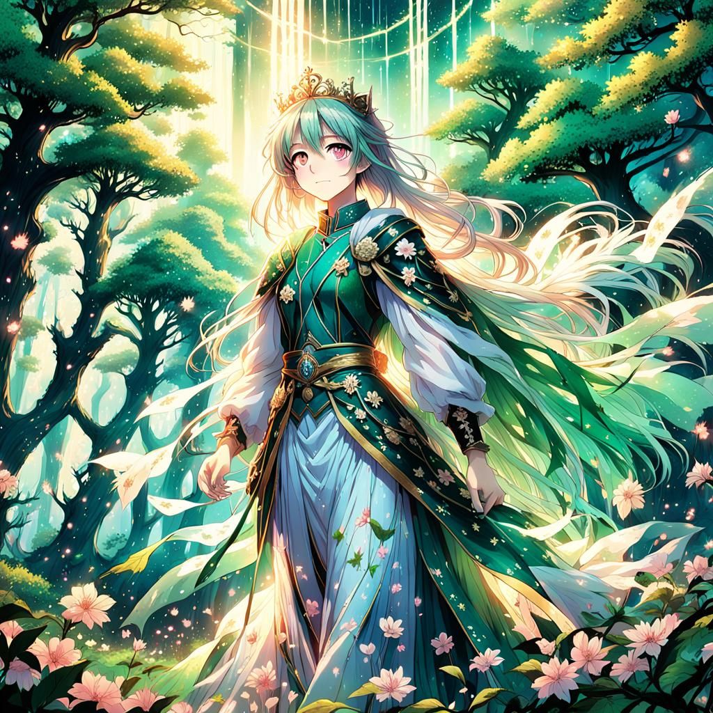 Anime Princess in Forest with Glowing Air