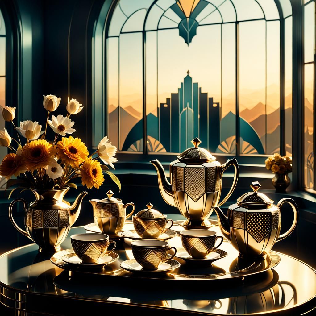 Art Deco Tea Set in Surreal Window, Film Noir Style