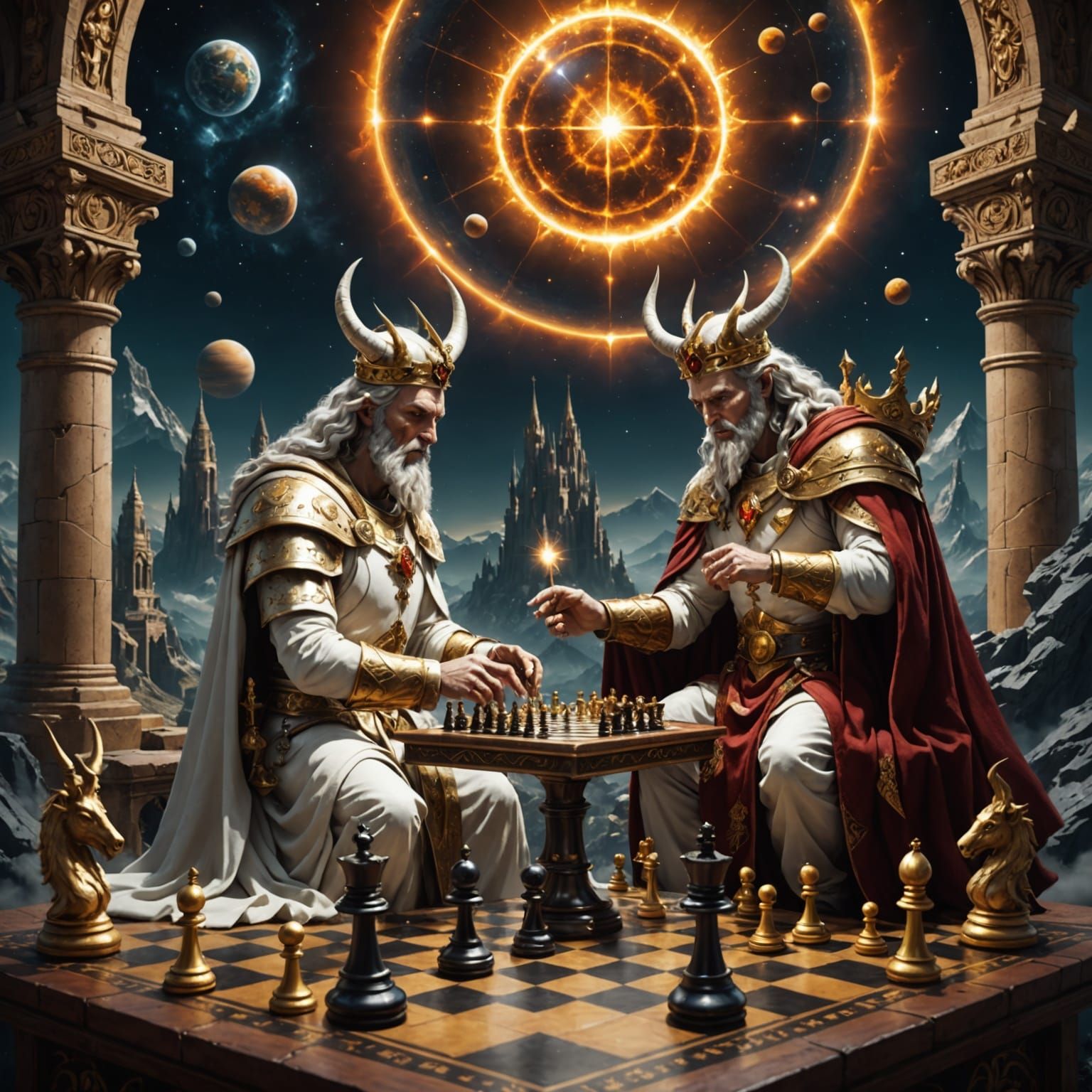 God and Satan Engage in Epic Chess Match on a Celestial Boar...