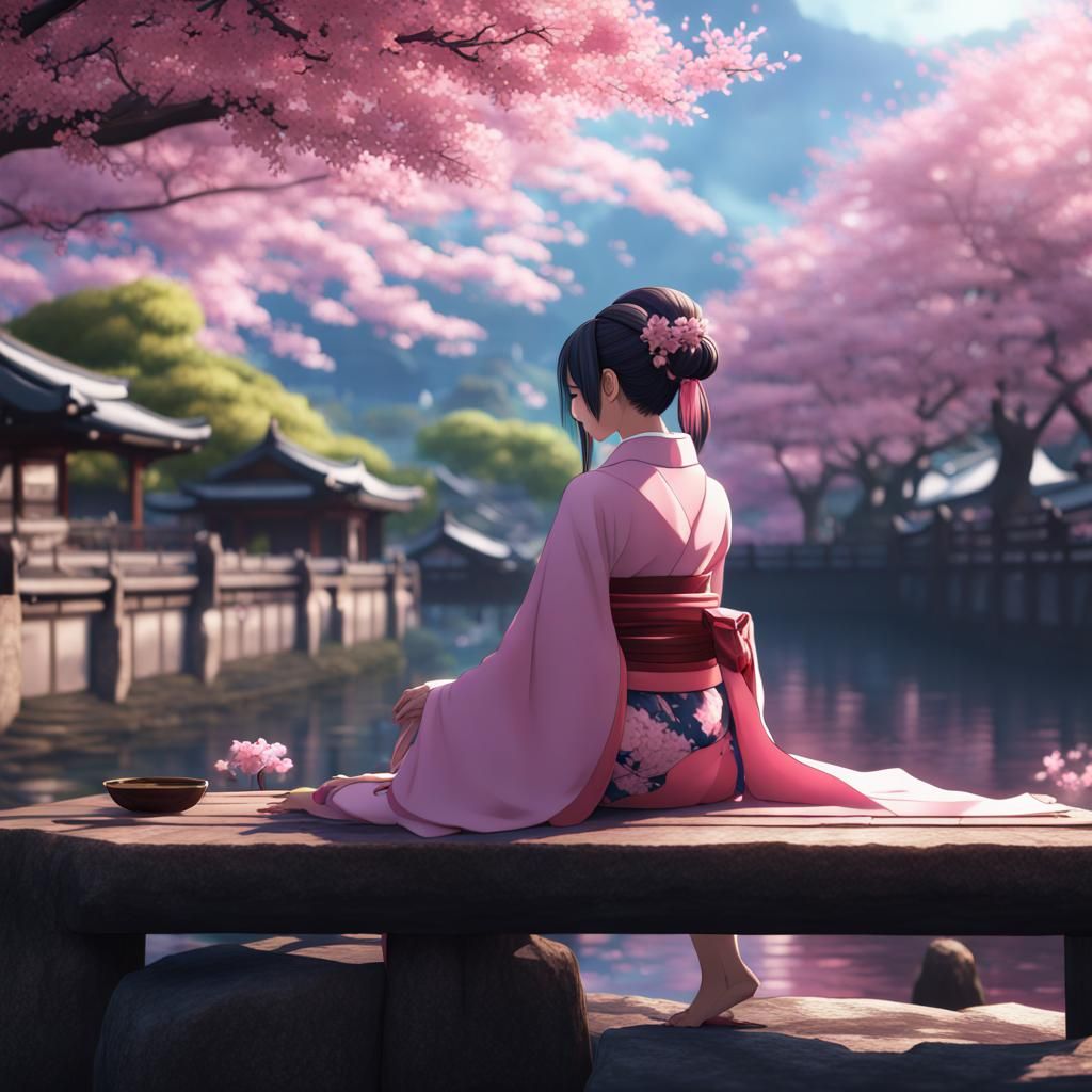 Anime Girl in Kimono by Cherry Blossom Tree
