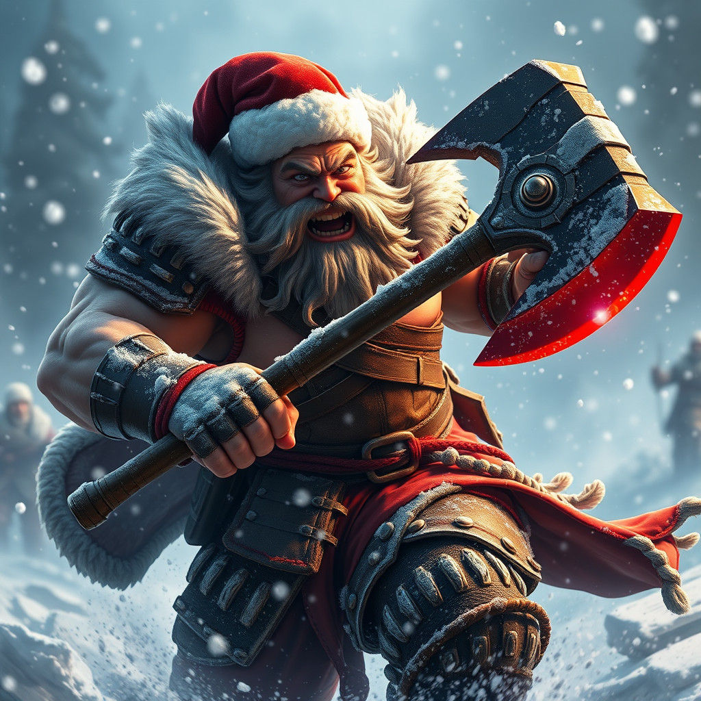 Fierce Santa Warrior Charges into Snowy Battle