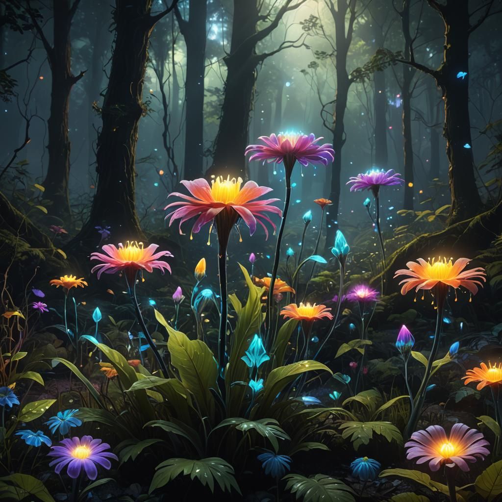 Bioluminescent Rainbow Flower in Dark Forest