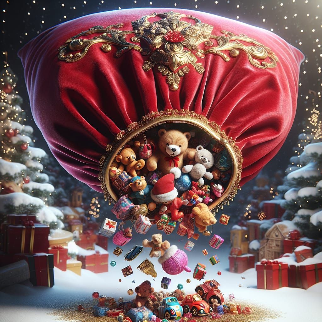 Luxurious Holiday Sack Overflows with Toys in Hyperrealistic...