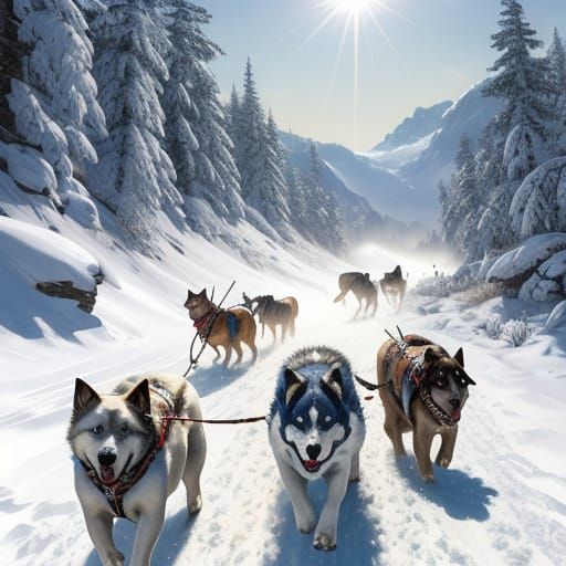 Dogs Pulling Sled Through Snowy Wilderness
