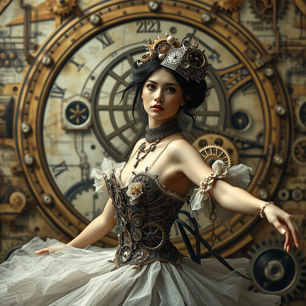 Steampunk Ballerina Portrait on Clockwork Stage