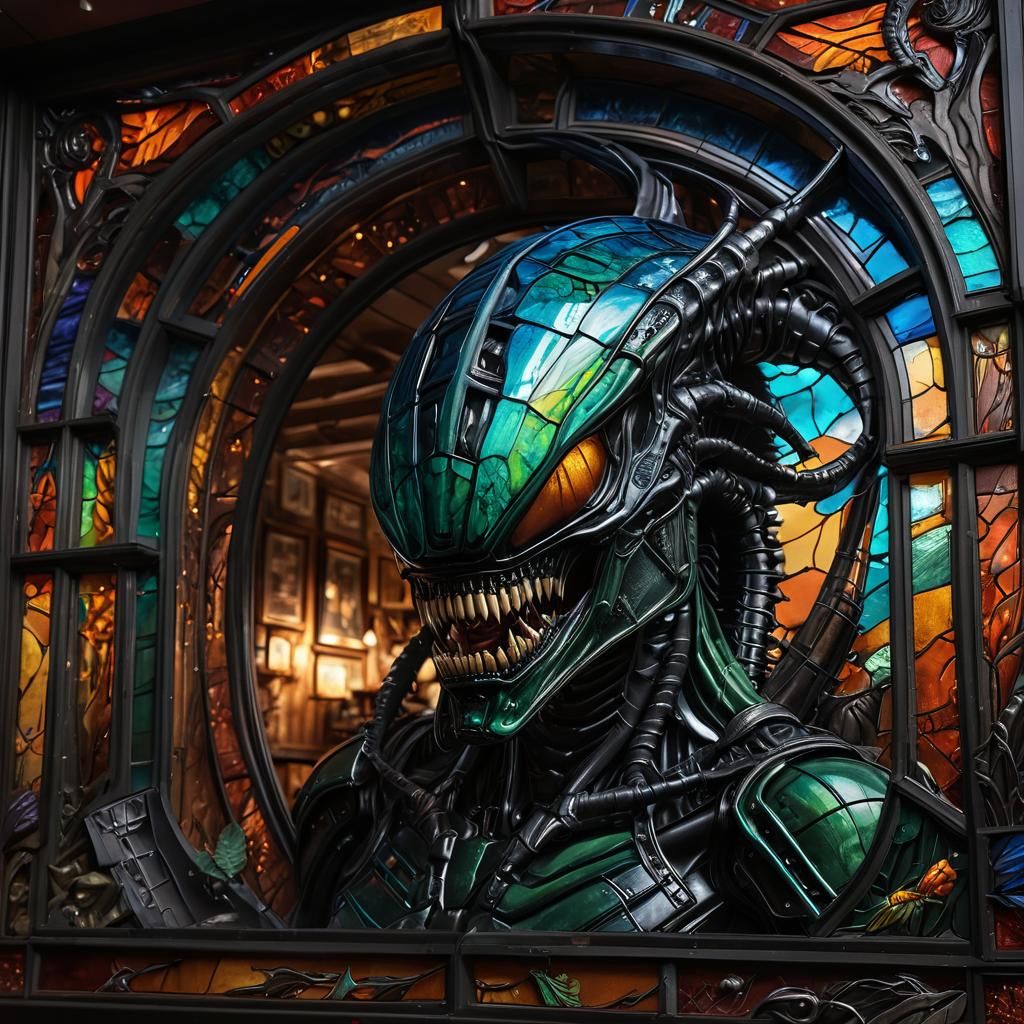 Beautiful Stunning scene of a Xenomorph Stained Glass of a A...