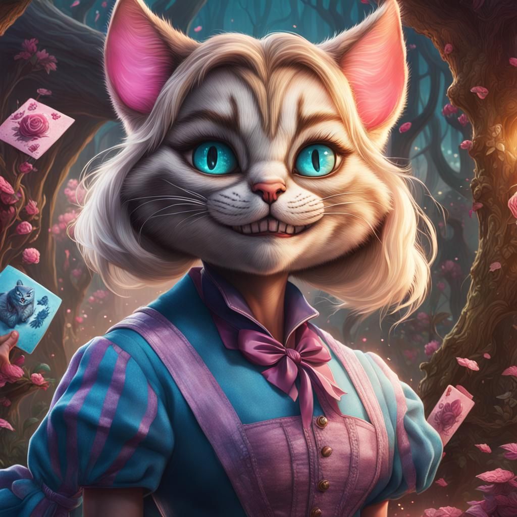 Catgirl and Cheshire Cat Portrait in Wonderland