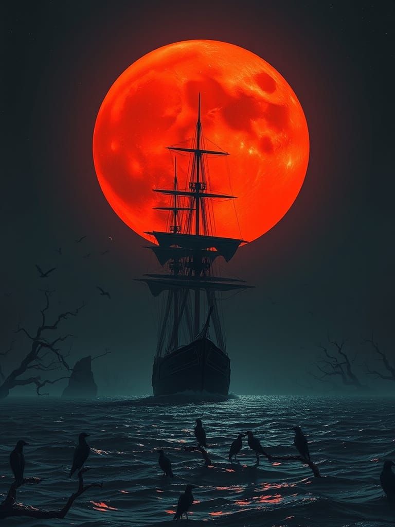 Tall Ship Sails Under Red Moon in Eerie Landscape