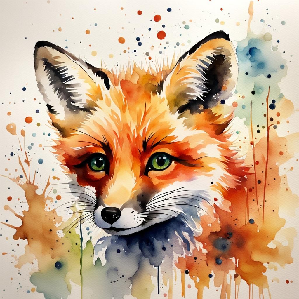 Watercolor Painting of a Baby Fox