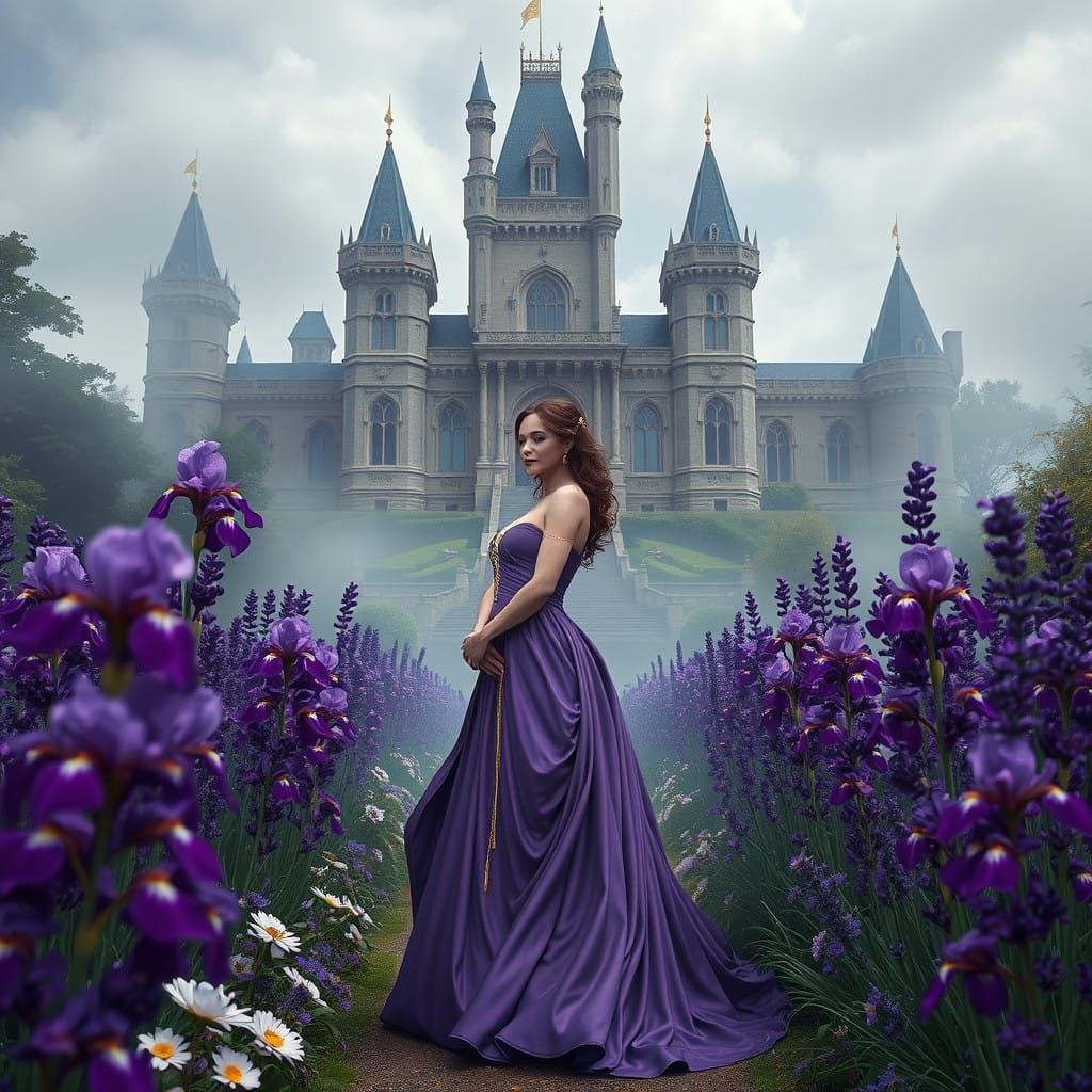 Majestic Castle Amidst Lavender Blooms in a Soft Mist