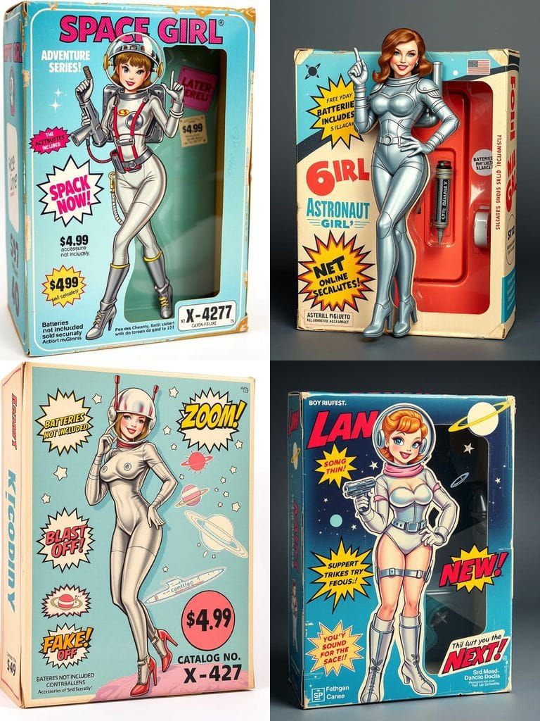 Retro-Futurist Pin-Up Astronaut Girl in Vintage Toy Box