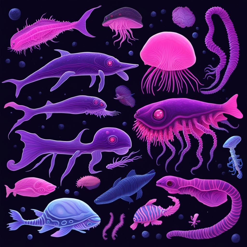 Alien Exoplanet with Bioluminescent Deep-Sea Creatures