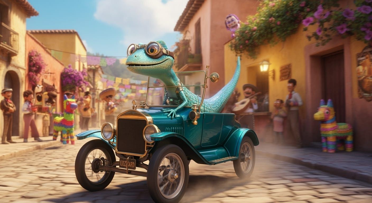 Steampunk Lizard Drives Tin Lizzie Through Mexican Town