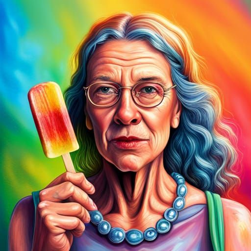 Hyperrealistic Hippie Grandfather Eating a Popsicle