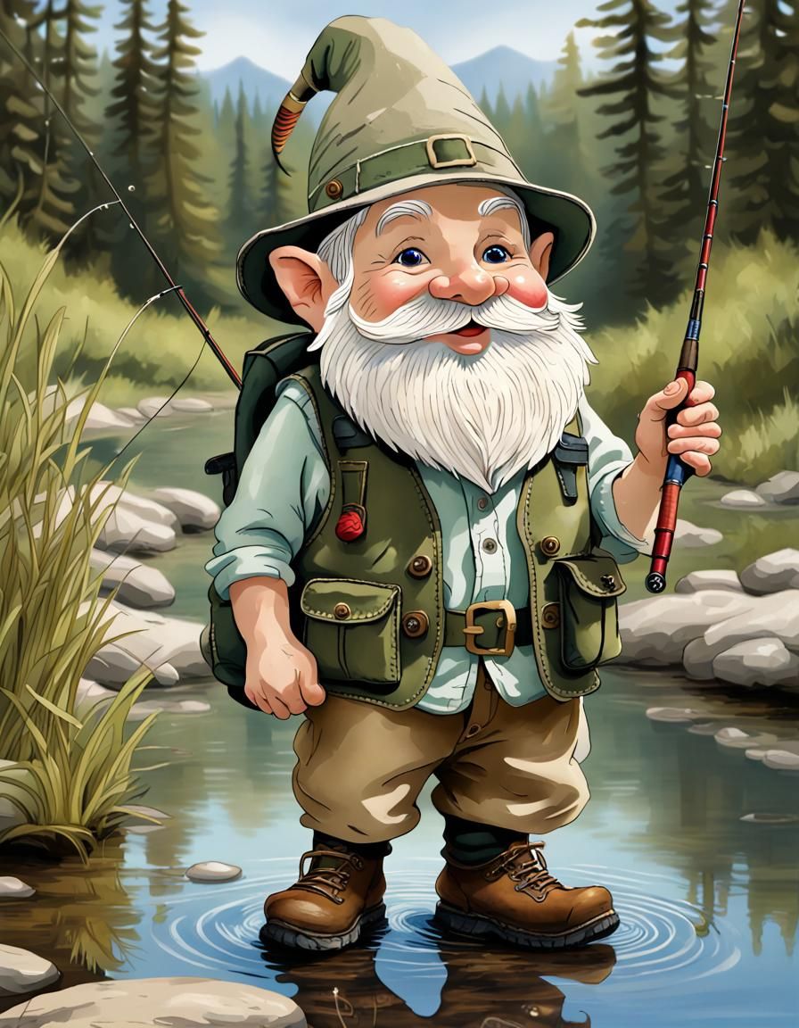 Smiling Gnome Fly Fishing in Pond