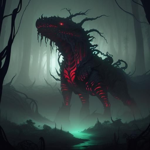Menacing Watermelon Creature in Dark Fantasy Forest