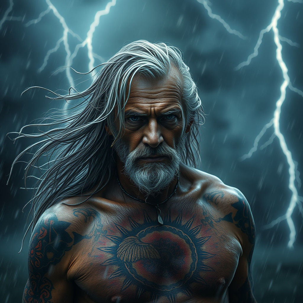 Weathered Man in Storm, Hyperrealistic Cinematic Image