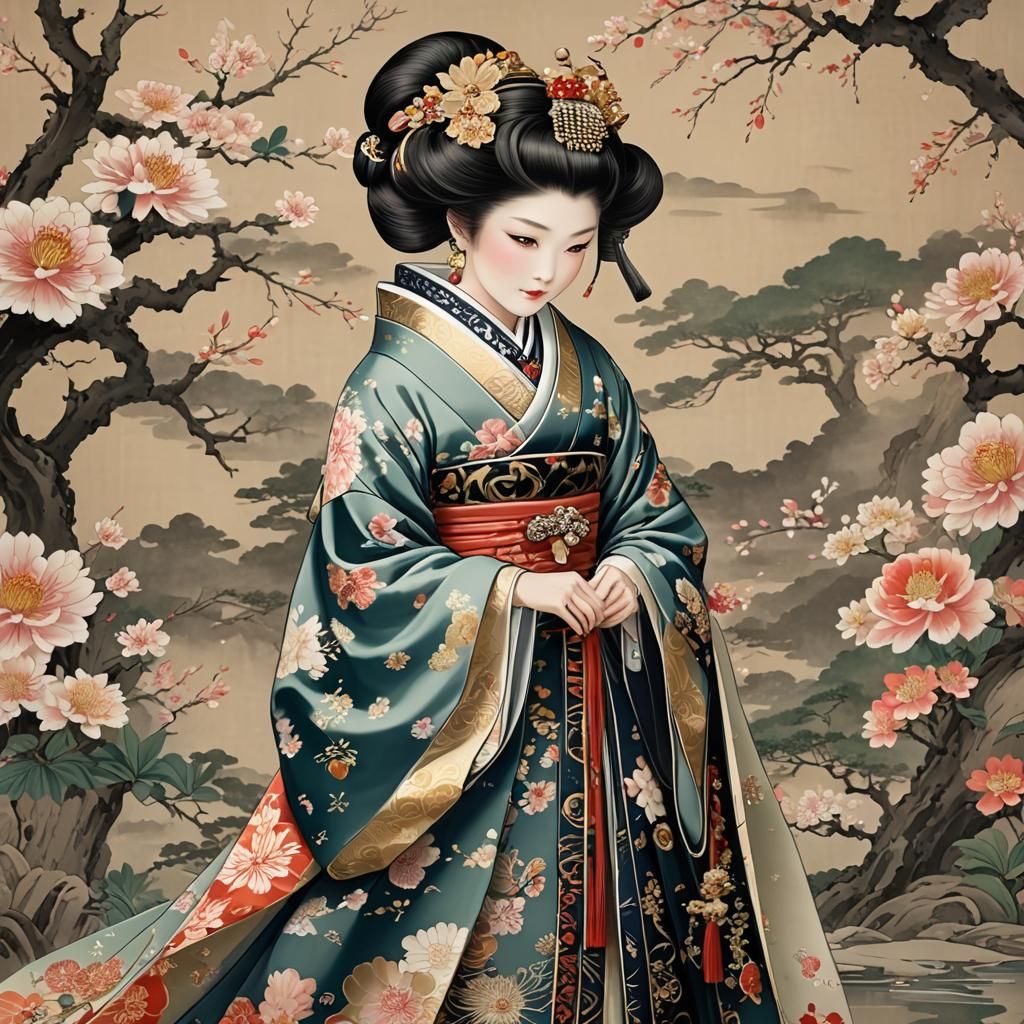 Elegant Japanese Court Lady in Traditional Kimono