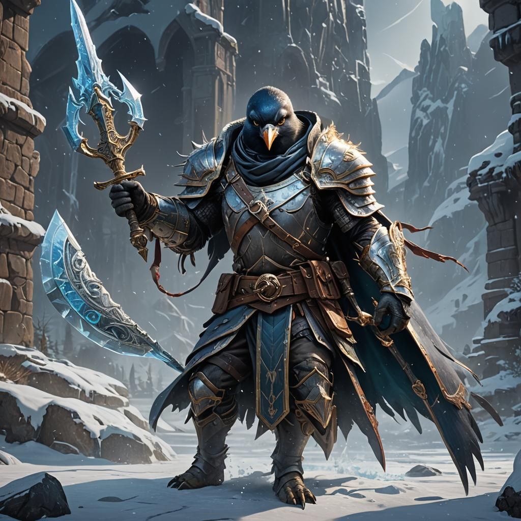 Icy Armored Penguin Aarakocra Fighter Concept Art