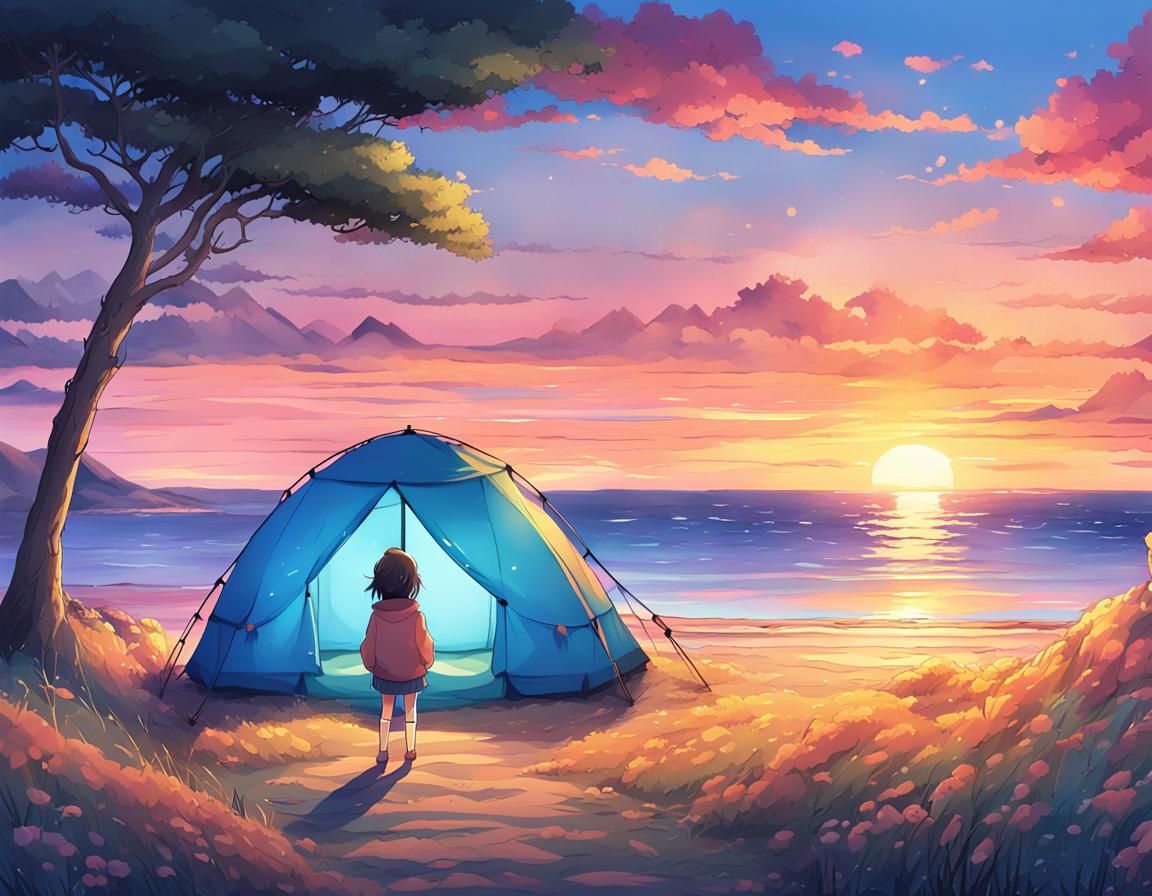 Seaside Anime Campsite at Sunset