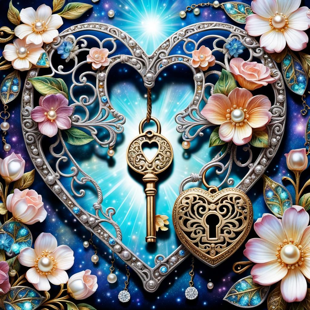 Ornate Key and Padlock with Sparkling Jewels