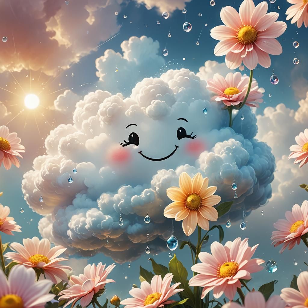 Enchanting Cloud Waters Smiling Flower: Fantasy Illustration