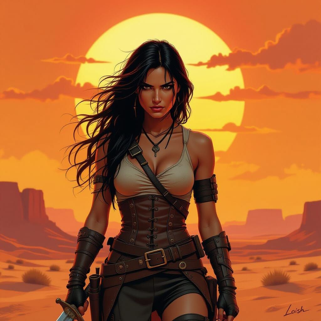 Fierce Woman on Mesa at Sunset, in Gritty Realism Style