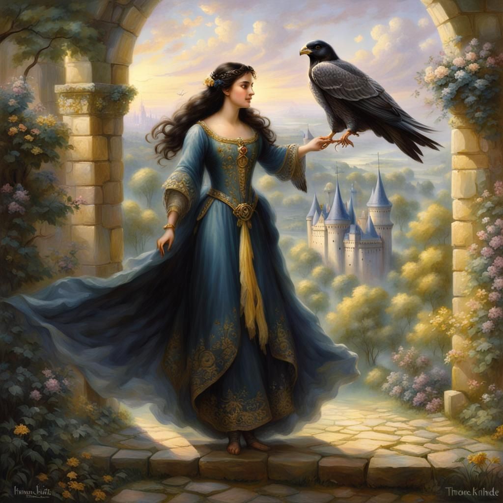 Kriemhild with Falcon in Medieval Castle