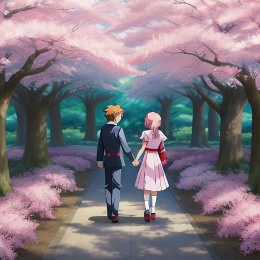 Ash and Serena in Sakura Forest: Anime Style