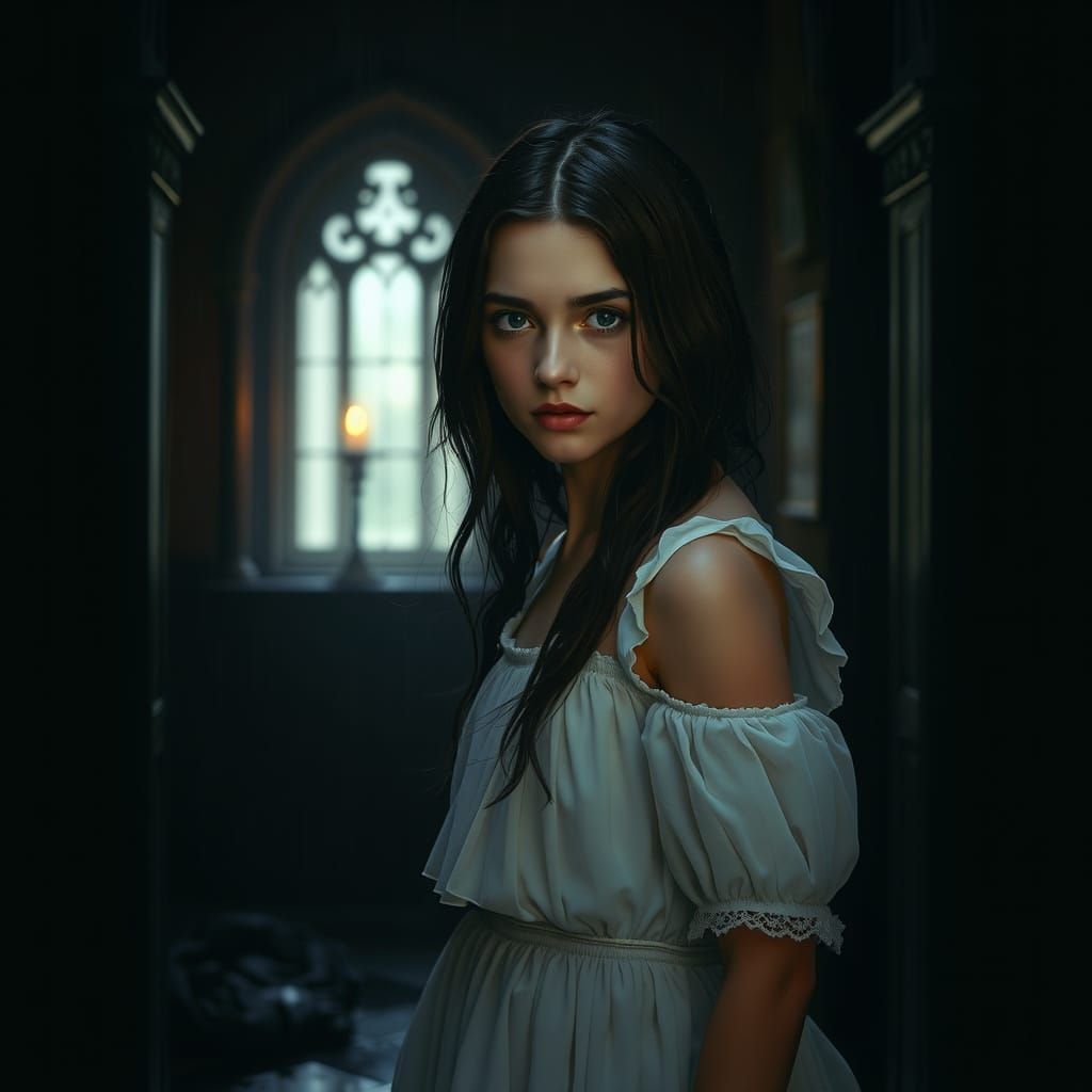 Gothic Girl Portrait in Dark Castle Hallway